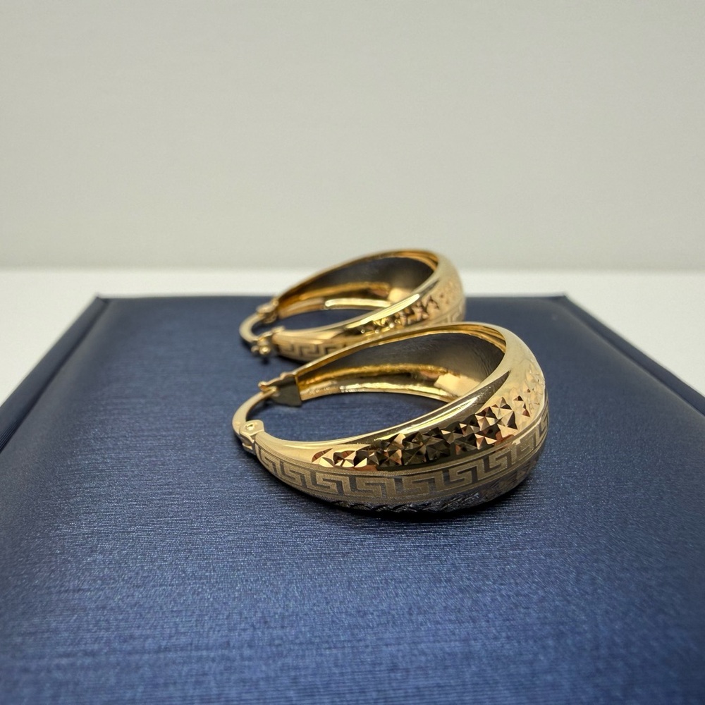 18K Genuine YG Gold Dome Hoop Earrings with Greek Design 23mm - Picture 4 of 13